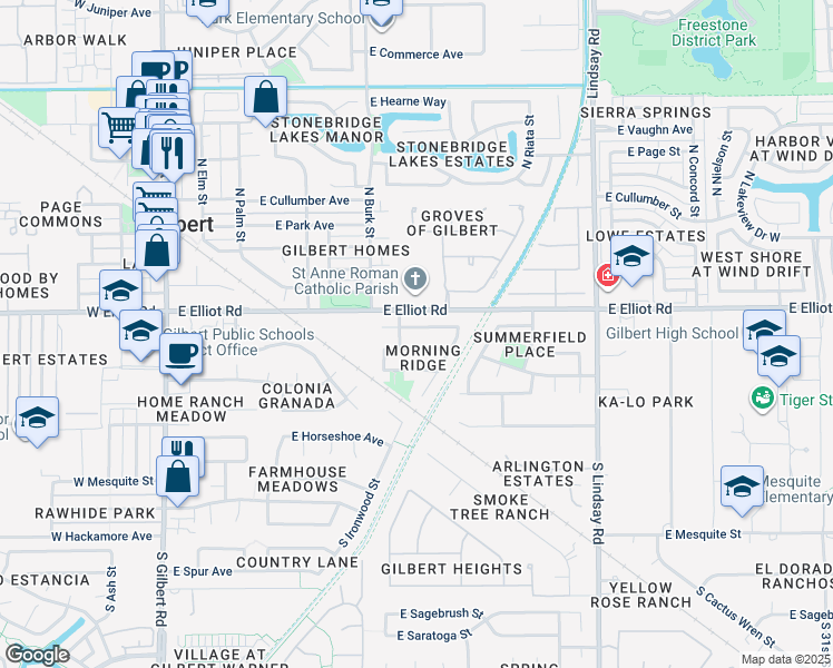 map of restaurants, bars, coffee shops, grocery stores, and more near 437 East Century Avenue in Gilbert