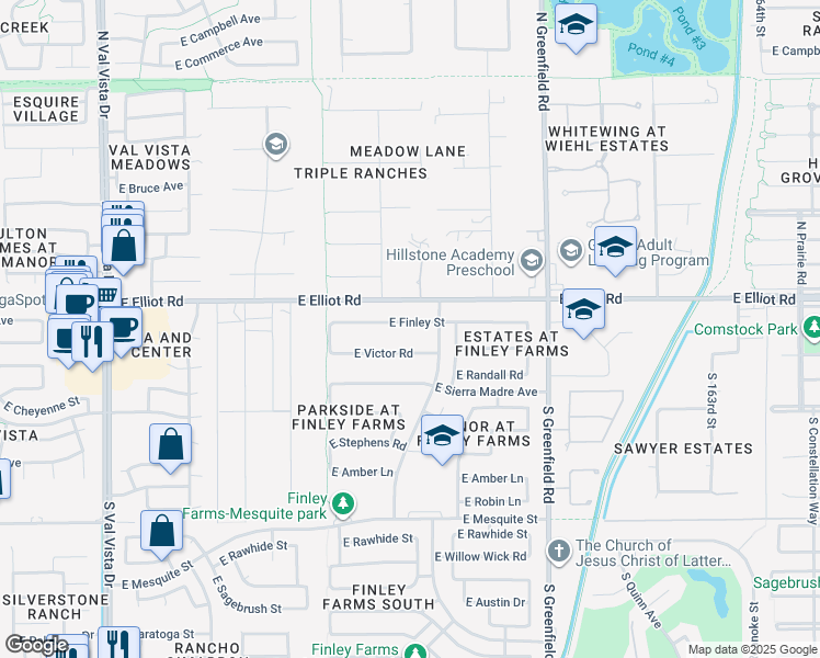 map of restaurants, bars, coffee shops, grocery stores, and more near 2147 East Finley Street in Gilbert