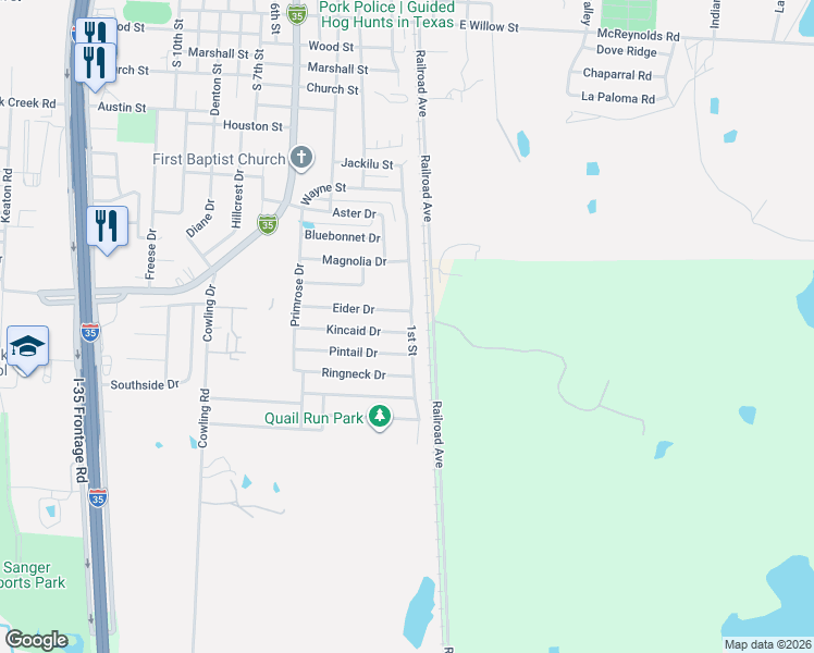 map of restaurants, bars, coffee shops, grocery stores, and more near 106 Eider Drive in Sanger