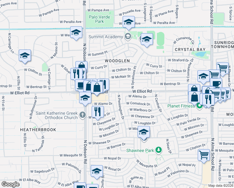 map of restaurants, bars, coffee shops, grocery stores, and more near 2911 North Pennington Drive in Chandler