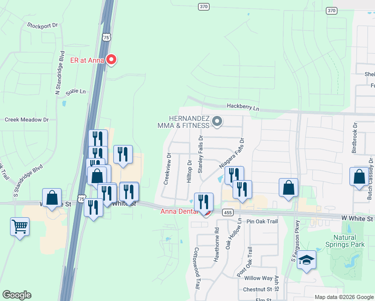 map of restaurants, bars, coffee shops, grocery stores, and more near 2305 Hillside Drive in Anna