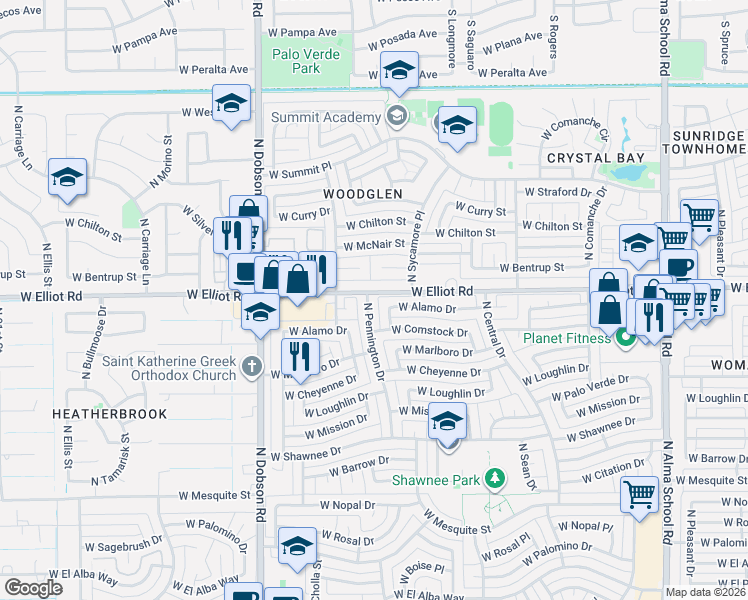 map of restaurants, bars, coffee shops, grocery stores, and more near 2911 North Pennington Drive in Chandler