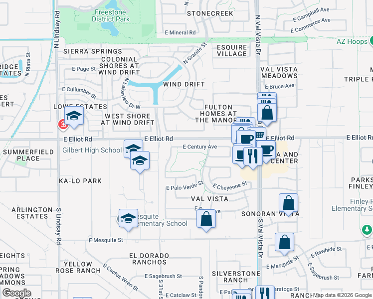 map of restaurants, bars, coffee shops, grocery stores, and more near 1307 East Century Avenue in Gilbert