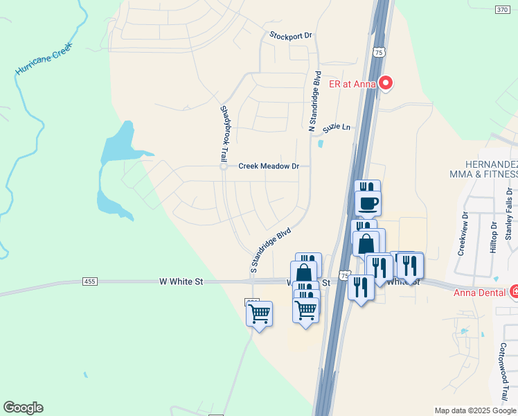 map of restaurants, bars, coffee shops, grocery stores, and more near 317 Hardwood Trail in Anna