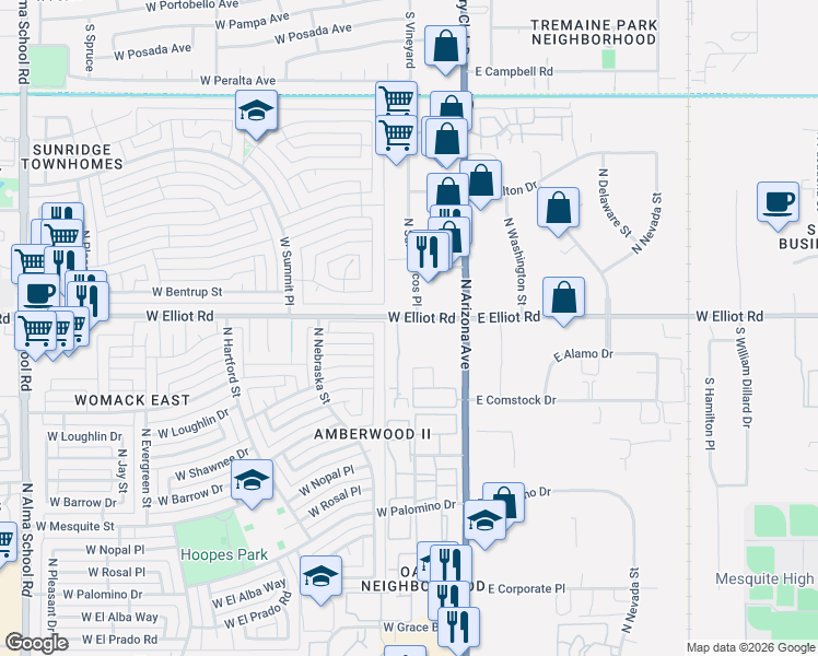 map of restaurants, bars, coffee shops, grocery stores, and more near 2985 North Oregon Street in Chandler