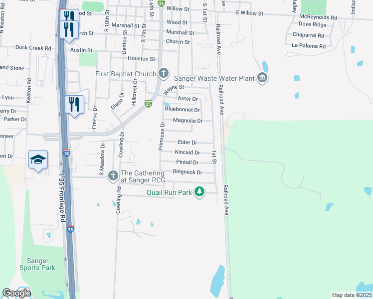 map of restaurants, bars, coffee shops, grocery stores, and more near 123 Kincaid Drive in Sanger