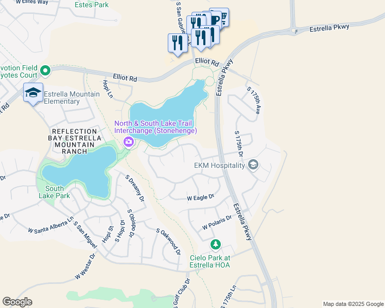 map of restaurants, bars, coffee shops, grocery stores, and more near 10688 Mustang Drive in Goodyear