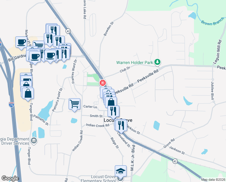 map of restaurants, bars, coffee shops, grocery stores, and more near 27 Peeksville Road in Locust Grove