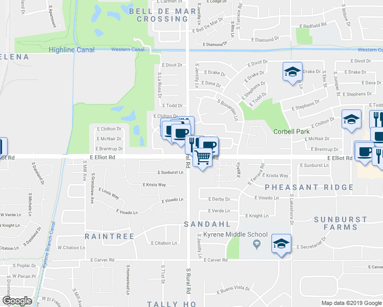 map of restaurants, bars, coffee shops, grocery stores, and more near 904 East Elliot Road in Tempe