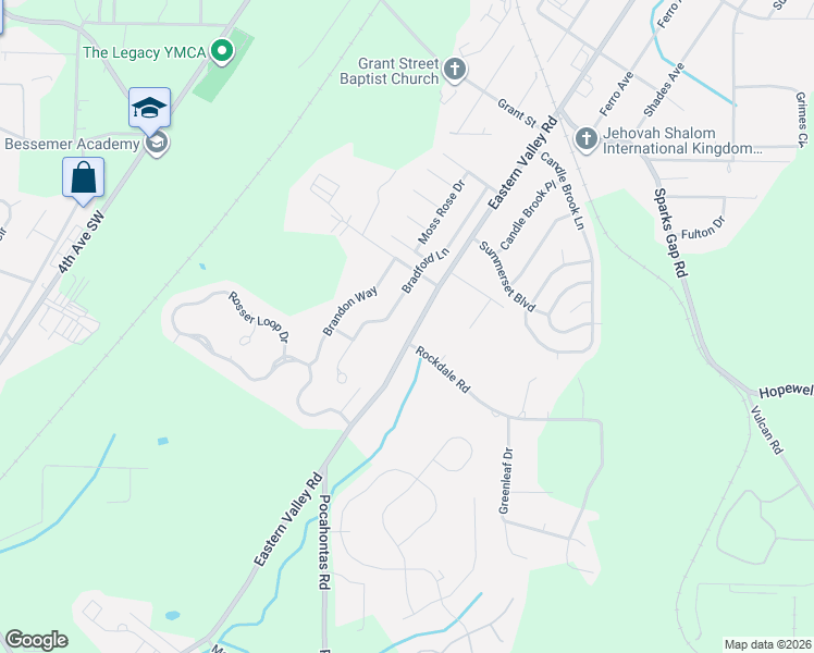 map of restaurants, bars, coffee shops, grocery stores, and more near 1624 Eastern Valley Road in Bessemer