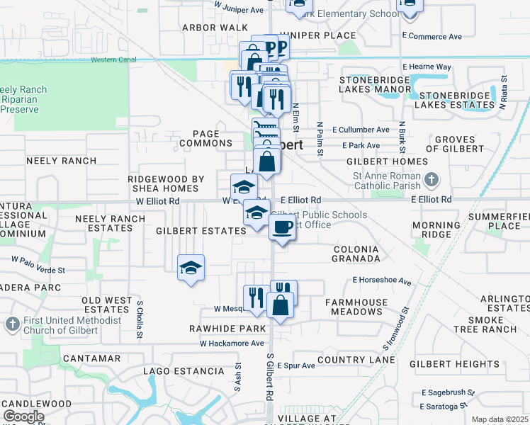 map of restaurants, bars, coffee shops, grocery stores, and more near 10 South Gilbert Road in Gilbert