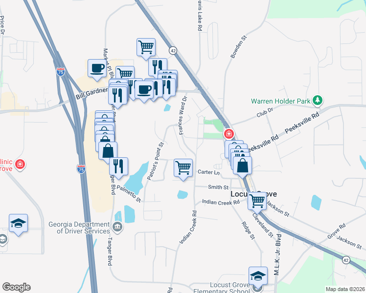 map of restaurants, bars, coffee shops, grocery stores, and more near 149 Colony Park Lane in Locust Grove