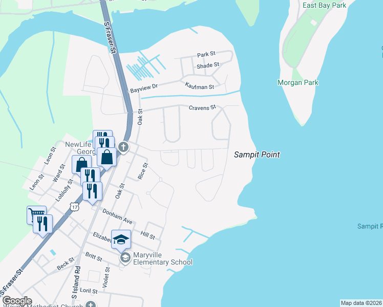 map of restaurants, bars, coffee shops, grocery stores, and more near 215 Martin Street in Georgetown