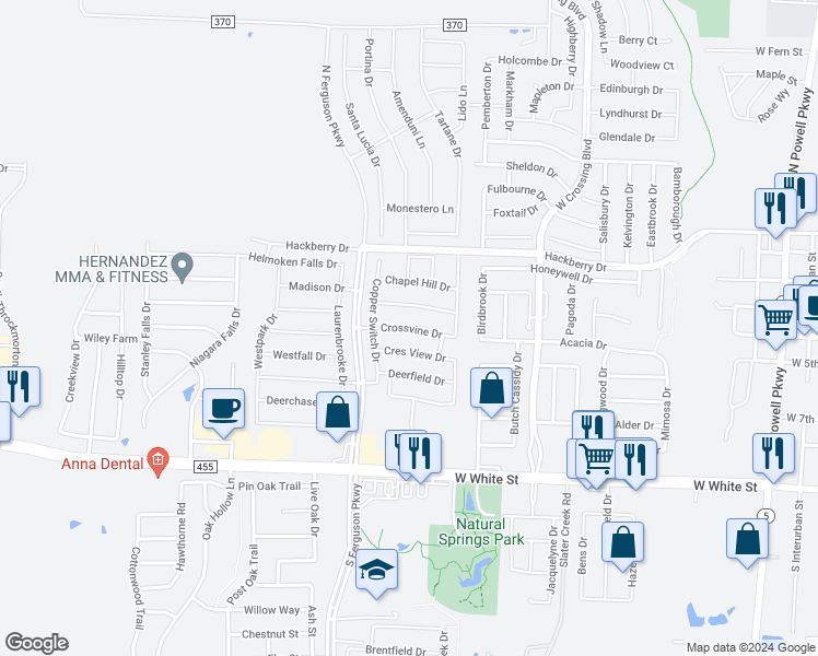 map of restaurants, bars, coffee shops, grocery stores, and more near Crossvine Drive in Anna