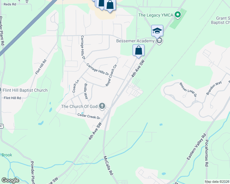 map of restaurants, bars, coffee shops, grocery stores, and more near 264 McCalla Rd in Bessemer