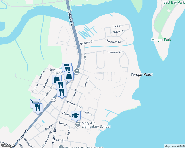 map of restaurants, bars, coffee shops, grocery stores, and more near 301 Martin Street in Georgetown