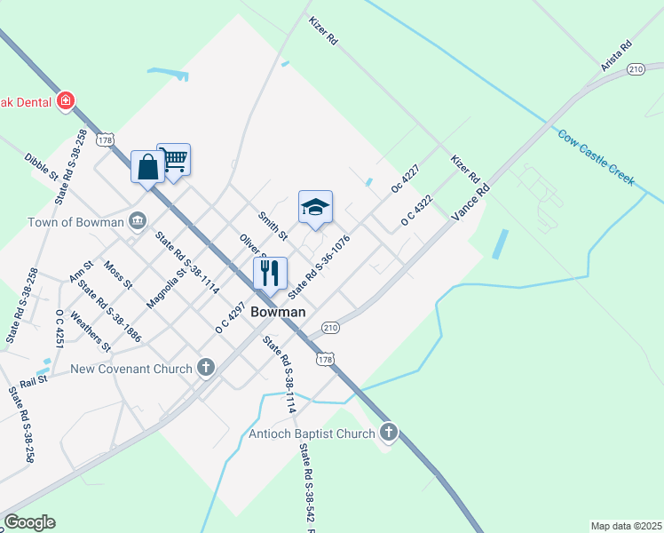 map of restaurants, bars, coffee shops, grocery stores, and more near 490 Bowman Branch Highway in Bowman