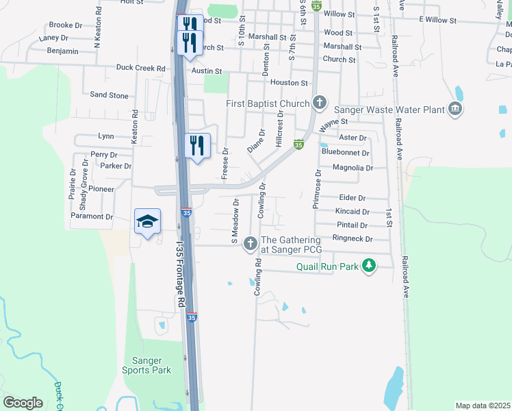 map of restaurants, bars, coffee shops, grocery stores, and more near 106 Southside Dr in Sanger