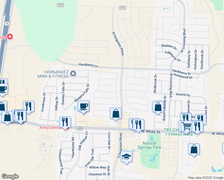 map of restaurants, bars, coffee shops, grocery stores, and more near 227 Laurenbrooke Drive in Anna