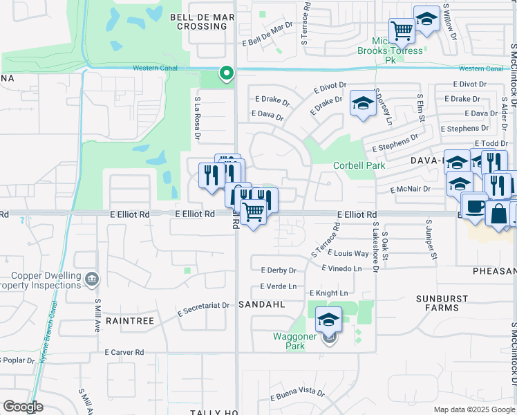 map of restaurants, bars, coffee shops, grocery stores, and more near 7576 South Jentilly Lane in Tempe