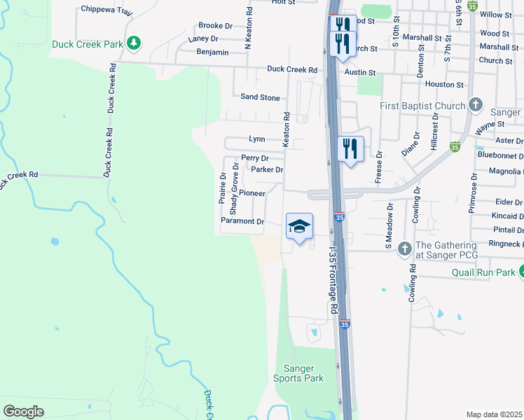 map of restaurants, bars, coffee shops, grocery stores, and more near 114 Preston in Sanger