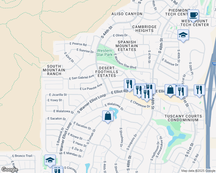 map of restaurants, bars, coffee shops, grocery stores, and more near 10627 South 44th Street in Phoenix