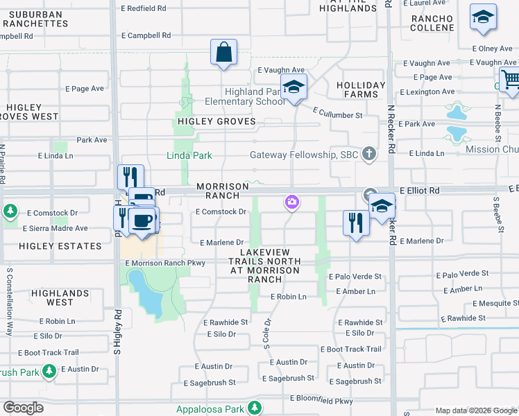 map of restaurants, bars, coffee shops, grocery stores, and more near 3632 East Comstock Drive in Gilbert