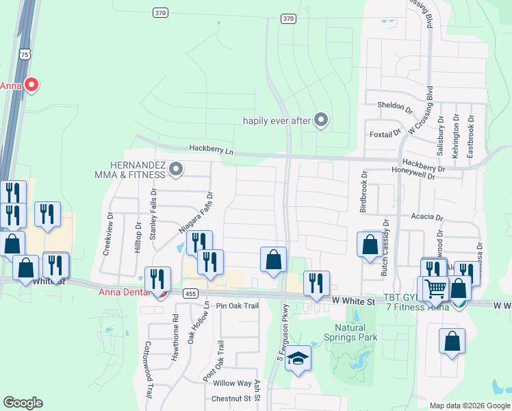 map of restaurants, bars, coffee shops, grocery stores, and more near 1606 Fields View Drive in Anna