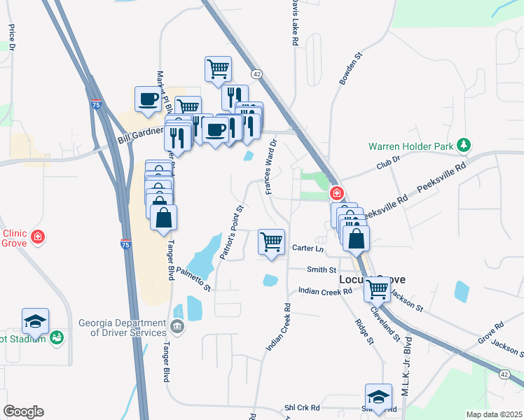 map of restaurants, bars, coffee shops, grocery stores, and more near 144 Colony Park Lane in Locust Grove