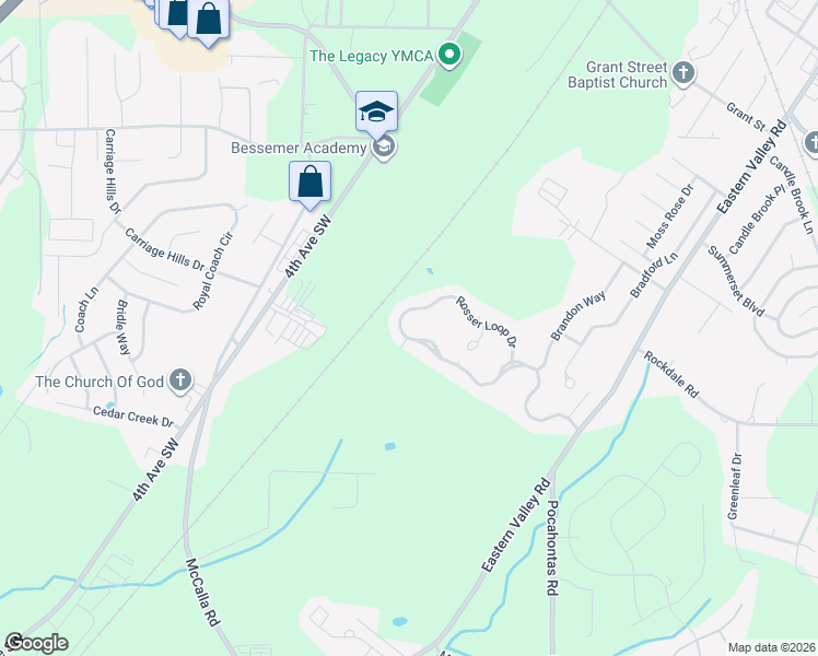 map of restaurants, bars, coffee shops, grocery stores, and more near 4679 Rosser Loop Drive in Bessemer