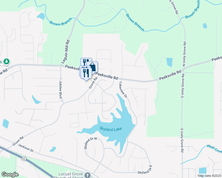 map of restaurants, bars, coffee shops, grocery stores, and more near 124 Waters Edge Drive in Locust Grove