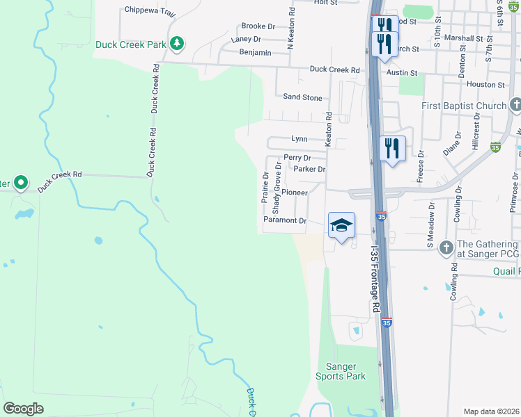map of restaurants, bars, coffee shops, grocery stores, and more near 146 Prairie Drive in Sanger