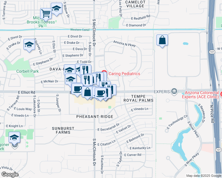 map of restaurants, bars, coffee shops, grocery stores, and more near 1855 East Brentrup Drive in Tempe