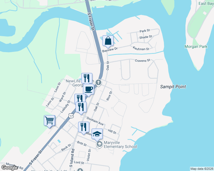 map of restaurants, bars, coffee shops, grocery stores, and more near 1607 Oak Street in Georgetown