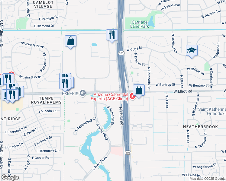 map of restaurants, bars, coffee shops, grocery stores, and more near 2164 East Elliot Road in Tempe