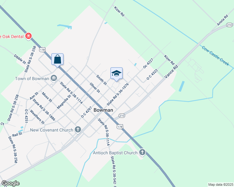 map of restaurants, bars, coffee shops, grocery stores, and more near 490 Bowman Branch Highway in Bowman