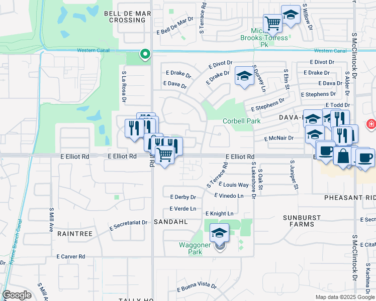 map of restaurants, bars, coffee shops, grocery stores, and more near 1021 East Brentrup Drive in Tempe