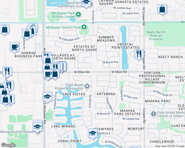map of restaurants, bars, coffee shops, grocery stores, and more near 1202 West Seascape Court in Gilbert