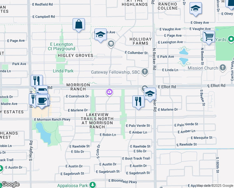 map of restaurants, bars, coffee shops, grocery stores, and more near 3762 East Comstock Drive in Gilbert