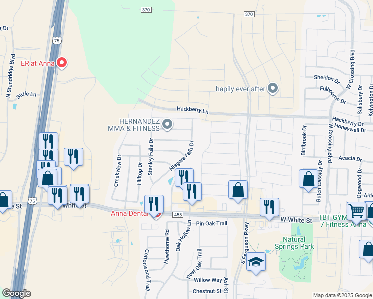 map of restaurants, bars, coffee shops, grocery stores, and more near 242 Niagara Falls Dr in Anna