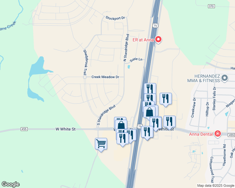 map of restaurants, bars, coffee shops, grocery stores, and more near Spring Valley Way in Anna