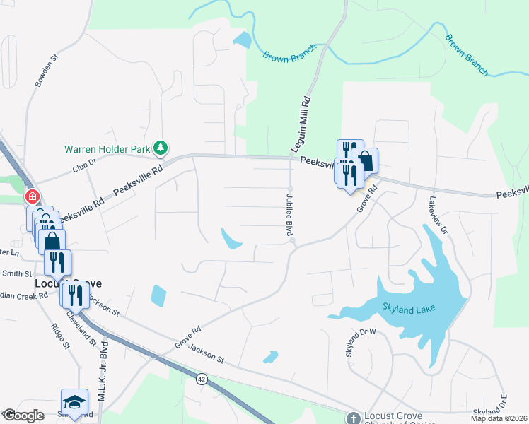 map of restaurants, bars, coffee shops, grocery stores, and more near 521 Harmony Way in Locust Grove