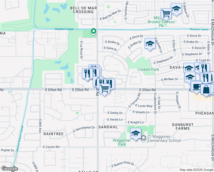 map of restaurants, bars, coffee shops, grocery stores, and more near 7576 South Jentilly Lane in Tempe