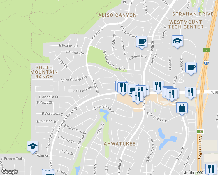 map of restaurants, bars, coffee shops, grocery stores, and more near 4510 East La Puente Avenue in Phoenix
