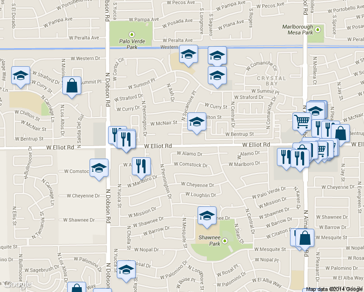 map of restaurants, bars, coffee shops, grocery stores, and more near 1601 West Elliot Road in Chandler