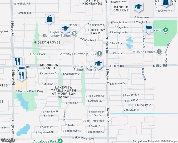 map of restaurants, bars, coffee shops, grocery stores, and more near 3842 East Comstock Drive in Gilbert