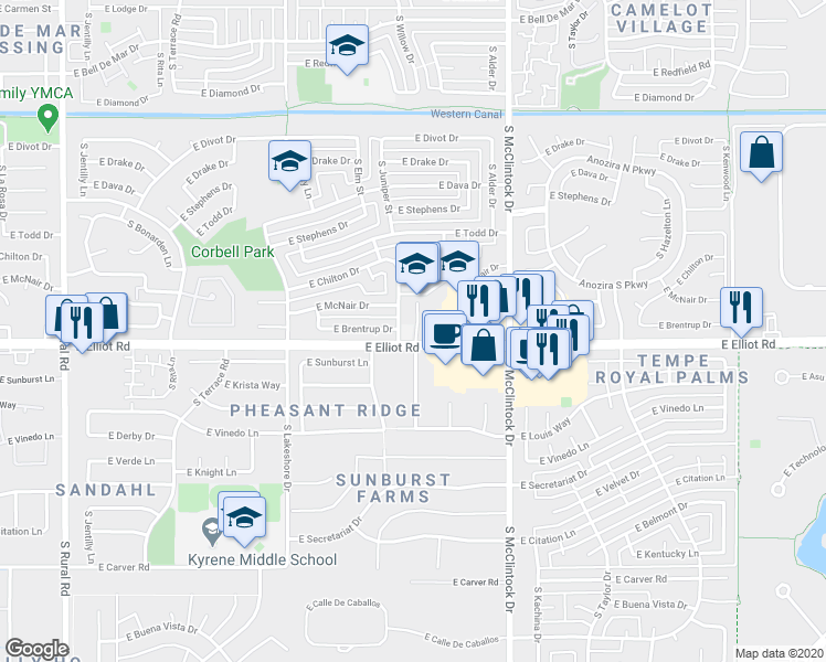 map of restaurants, bars, coffee shops, grocery stores, and more near 7570 South Willow Drive in Tempe