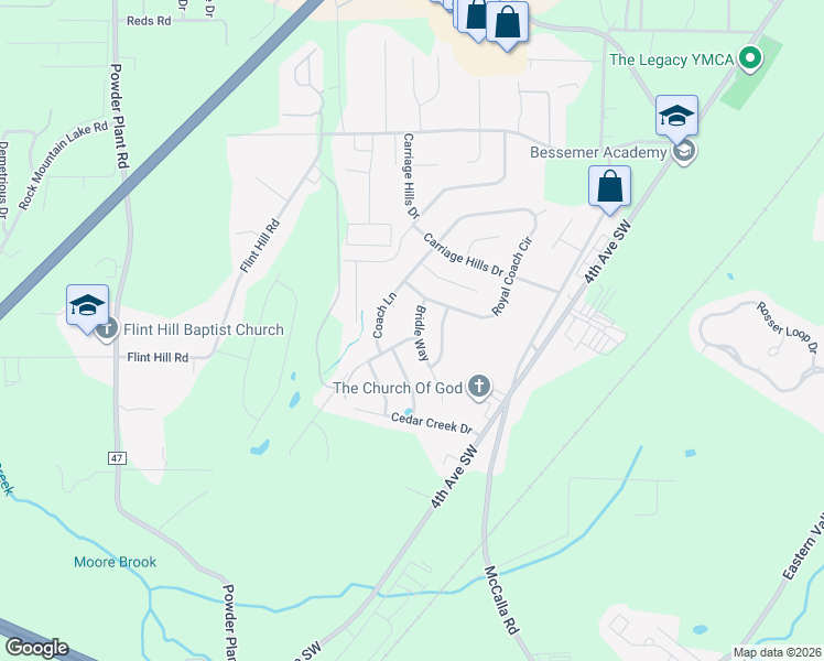 map of restaurants, bars, coffee shops, grocery stores, and more near 5605 Cedar Creek Park Drive in Bessemer