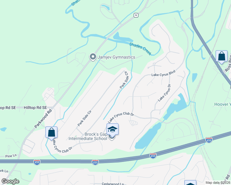 map of restaurants, bars, coffee shops, grocery stores, and more near 5437 Park Side Circle in Birmingham