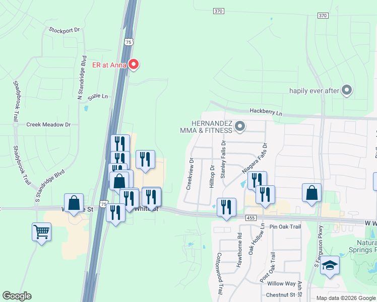 map of restaurants, bars, coffee shops, grocery stores, and more near 236 Creekview Drive in Anna